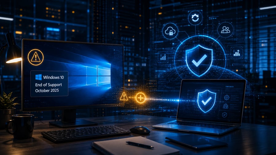 Business workstation showing Windows 10 end of support and cybersecurity planning for small businesses