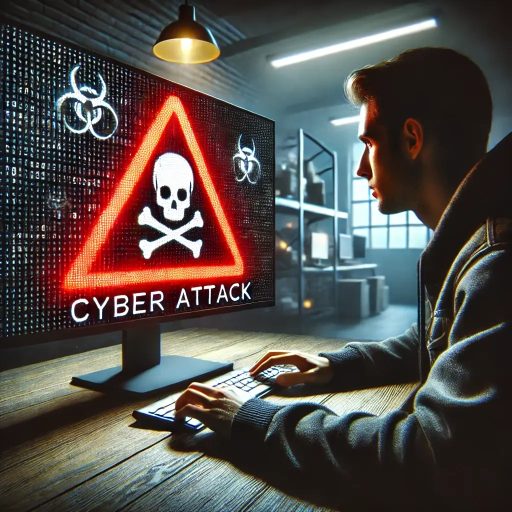 DALL·E 2024-09-09 11.45.05 - A realistic photograph of a person using a computer. The monitor displays a large cyber attack warning symbol, such as a red triangle with an exclamat